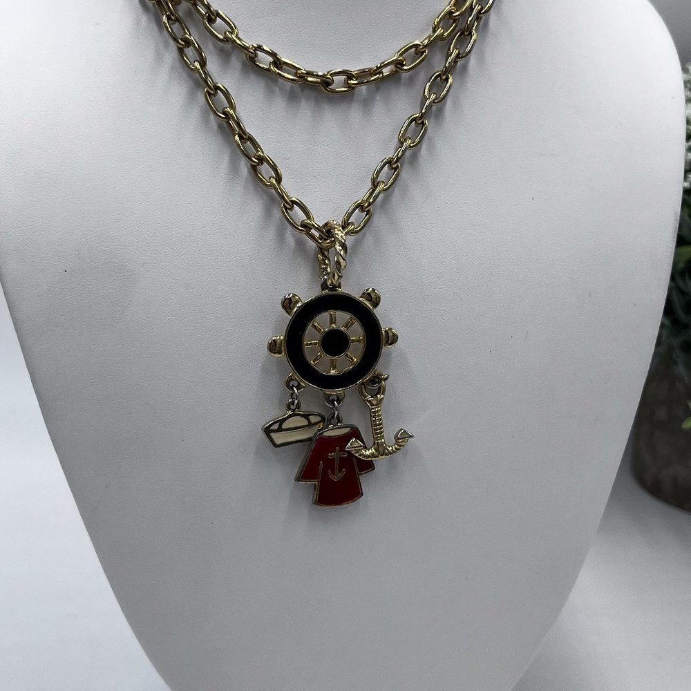 1980s Vintage Long 30” Nautical Ships Wheel‎ Anchor Charm Gold Tone Necklace